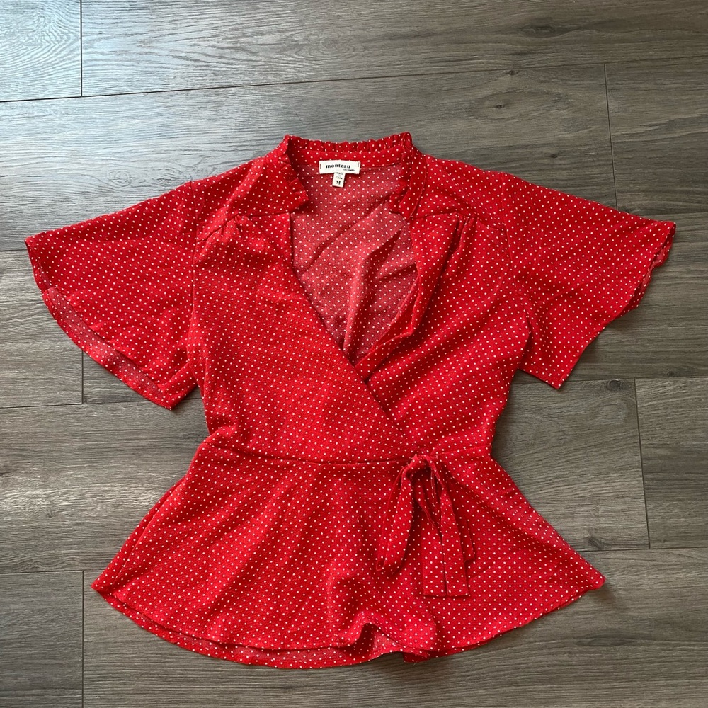 Monteau red with white polka dot peplum blouse
